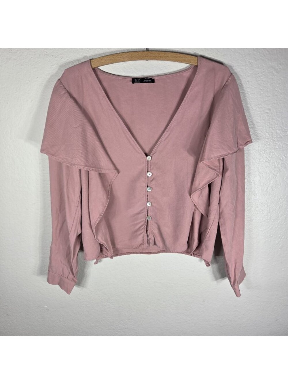 Zara Trf Collection Mauve Pink Button Down Top Blouse L Ruffle Long Sleeve